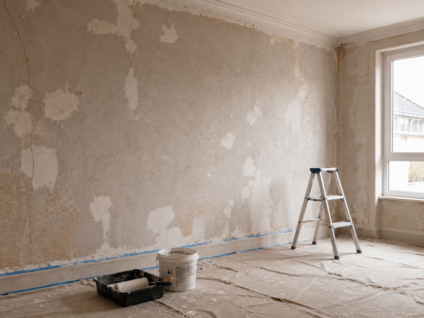 Vorher: sanierungsbedürftige Wand vor den Malerarbeiten